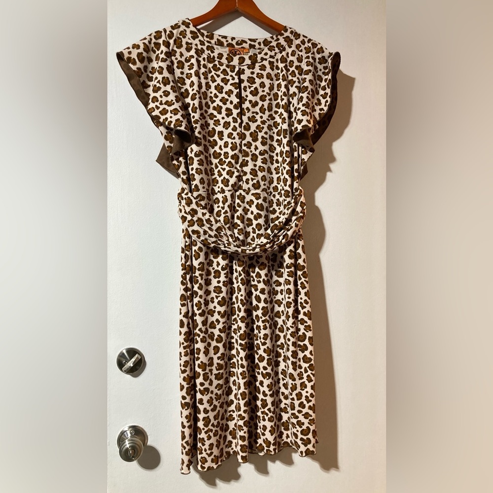 Size L Tory Burch Gladys Dress Short Dolman Sleeve Keyhole Leopard Print Large